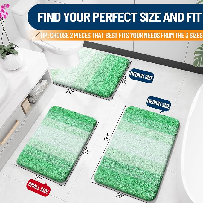 OLANLY Micorfiber Bathroom Rug Set 2 Piece, 30"x20"+U-Shaped 24"x20" | Green, Soft Absorbent Bath Mats and Contour Toilet Rug, Non-Slip, Machine Wash Dry, Plush Shaggy Bath Mats for Bathroom