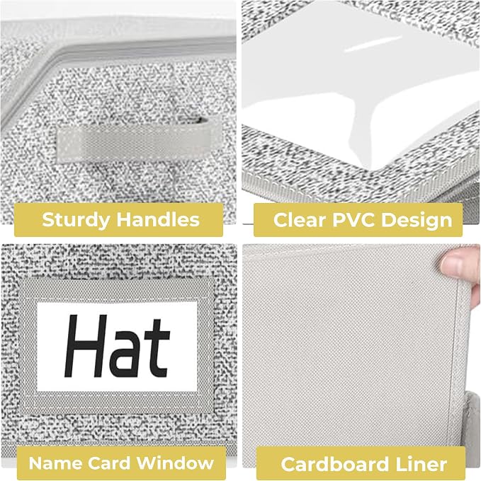 3 Pack Hat Organizer Box for Women & Men, Foldable Storage Box with Clear Lid for Baseball, Cowboy Caps, Stackable Clear Hat Organizer, Store up to 42 Caps, Grey