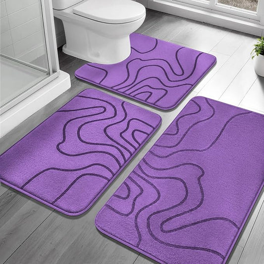 YIHOUSE Memory Foam Bathroom Rugs Sets 3 Piece, Ultra Soft Bath Mat, Purple | Ultra Soft, Extra Thick Bath Mat, Absorbent, Non-Slip, Machine Washable, For Tub, Shower & Home Decor Accessories