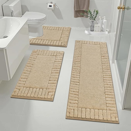 Pauwer Bathroom Rugs Sets 3 Piece, Microfiber Bath Mat Set, Light Beige | Non Slip Washable, Soft Plush, Extra Absorbent Bath Mats, U Shaped Contour Toilet Rug for Bathroom
