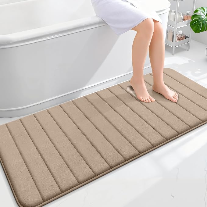 OLANLY Memory Foam Long Bathroom Rugs Runner 59x24, Super Soft Absorbent | Tan, Quick Dry Bath Mat, Machine Washable Shower Floor Rugs, Bathmat Carpet for Bathroom Floor, Tub and Shower