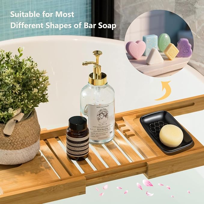 Gomakren Soap Dish for Shower, Ceramic Bar Soap Holder with Honeycomb Design - Father's Day Soap Saver Tray for Bathroom Kitchen Sink, Sponge & Organizer Tray, Upscale Look, 5.5 Inch, Black