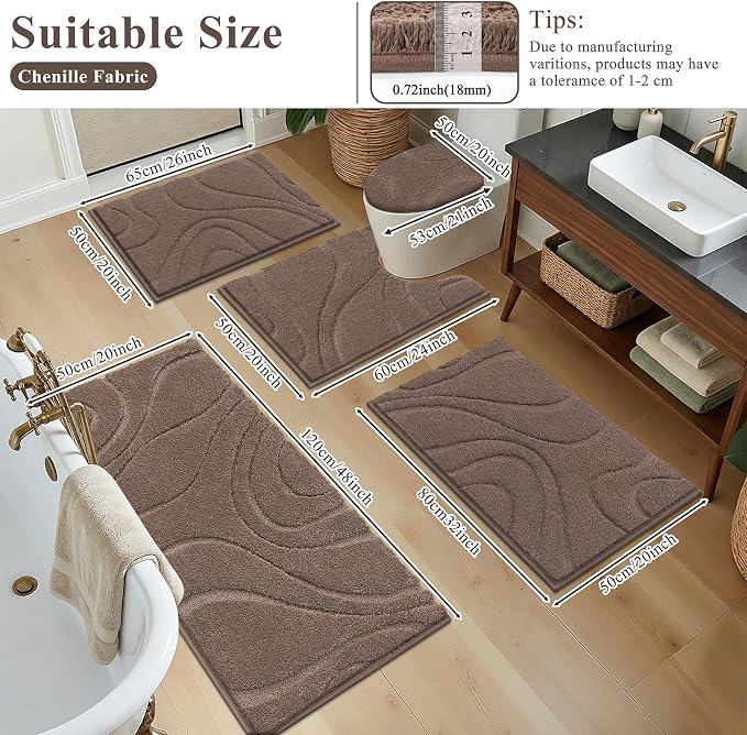 HEBE Bathroom Rugs Sets 5 Piece, Non Slip Washable Absorbent Bath Mat Set | Super Soft Plush Microfiber Bathroom Mats with Runner Set, Solid Bathmat with U-Shaped Toilet Rug Cover Set for Tub, Shower