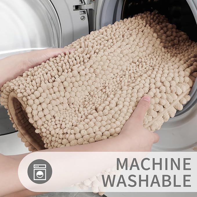 Yimobra Bathroom Rug Set 2 Piece, Absorbent Chenille, 32x20+24x17, Beige | Non Slip Machine Washable Quick Dry Bath Mat Set, Soft Plush Shower Rugs for Bathroom Floor Sink Tub and Shower Outside