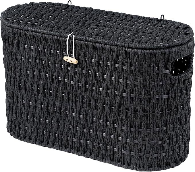 Coeusy Toilet Paper Storage Basket with Lid, Paper Rope Toilet Paper Holder for Up to 6 Mega Rolls, Wicker Basket for Bathroom Accessories Organizer, Boho Hand Woven Rattan Decorative Decor, Black