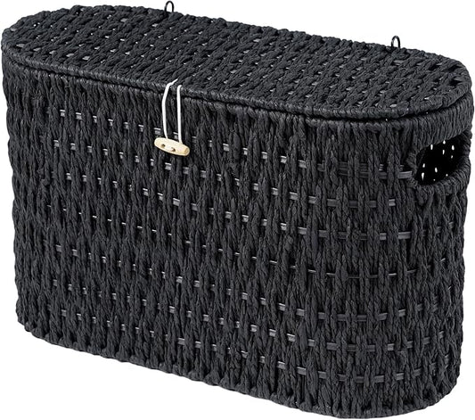 Coeusy Toilet Paper Storage Basket with Lid, Paper Rope Toilet Paper Holder for Up to 6 Mega Rolls, Wicker Basket for Bathroom Accessories Organizer, Boho Hand Woven Rattan Decorative Decor, Black