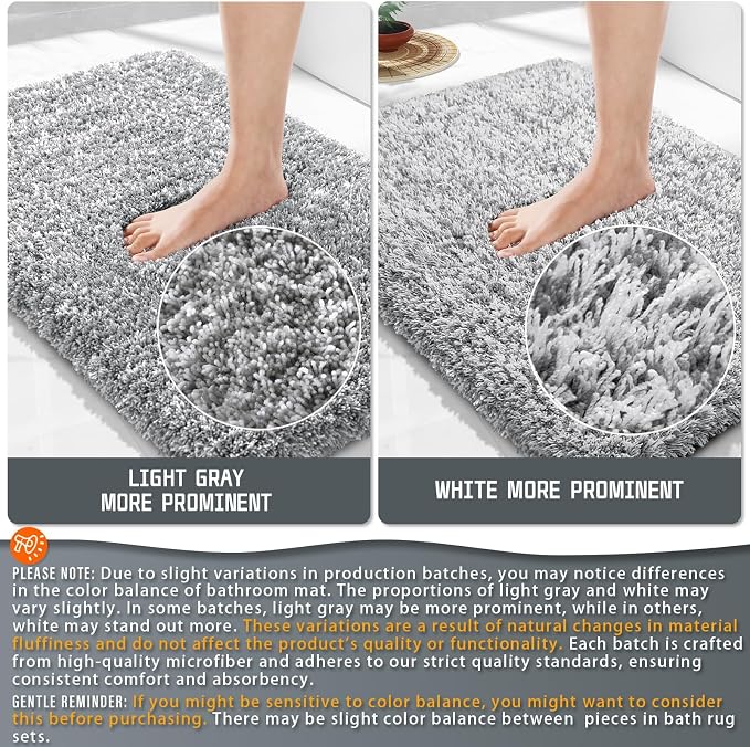 Yimobra Bathroom Rugs Non Slip Washable 32X20, Ultra Soft and Water Absorbent Bath Mats, Plush Fluffy Shower Mat Outside, Microfiber Thick Matts for Bathroom Floor/Tub, Light Gray and White