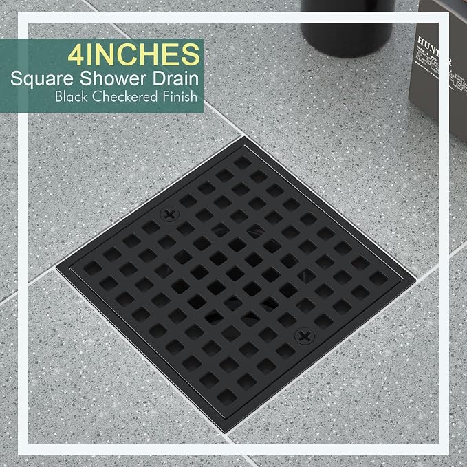 4 Inch Shower Floor Drain with Flange - Square Shower Drain with Hair Strainer - Removable Grid Strainer Cover - SUS304 Stainless Steel - Matte Black