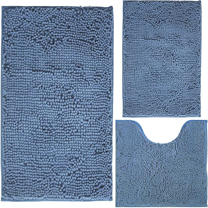 Bathroom Rugs Chenille 3-Piece Extra Soft and Absorbent Shag Bathroom Rugs, Machine Wash Mat, Strong PVC Non-Slip Underside, Plush Carpet Mats (Deep Blue)