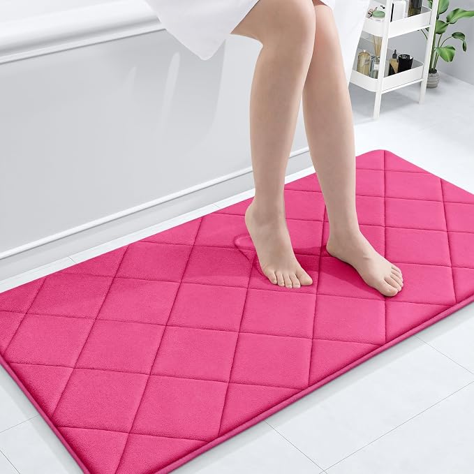 OLANLY Memory Foam Bath Mat 44x24, Ultra Soft and Absorbent Bathroom Rugs | Deep Pink, Quick Dry, Machine Washable Shower Bath Rugs, Comfortable Bath Carpet for Bathroom Floor, Tub and Shower