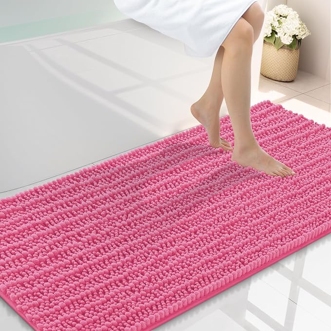 Smiry Bathroom Rugs 44X24, Extra Soft Rubber Backing Chenille Bath Mats | Hot Pink Machine Washable Non Slip Quick Dry Bath Mats for Bathroom Floor, Tub, Shower, Home Decor Accessories