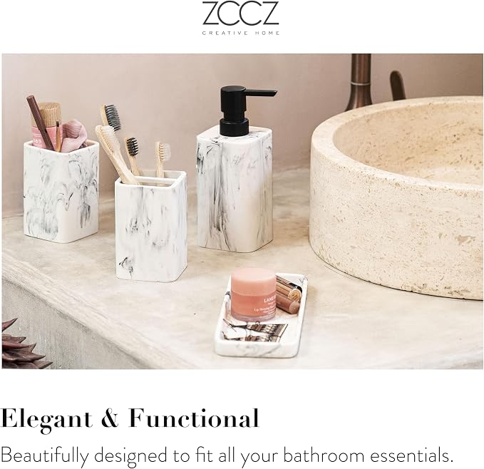 Bathroom Accessory Sets, 4 Pieces Bathroom Accessories Complete Set Vanity Countertop Accessory Set with Marble Look, Includes Lotion Dispenser, Toothbrush Holder and Tray (White Marble Look)