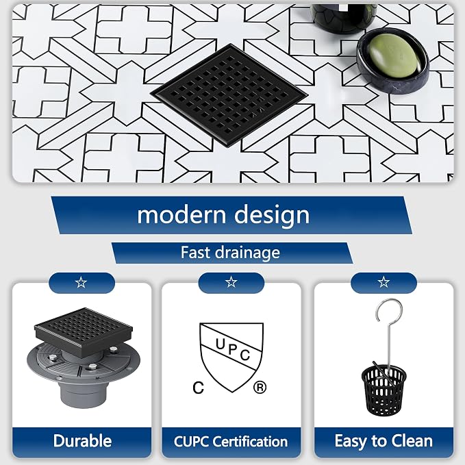 Neodrain 4 Inch Black Square Drain, 304 Stainless Steel Shower Drain Kits with PVC Base, Removable Cover Hair Catcher Strainer for Bathroom Floor Drain, Matte Black