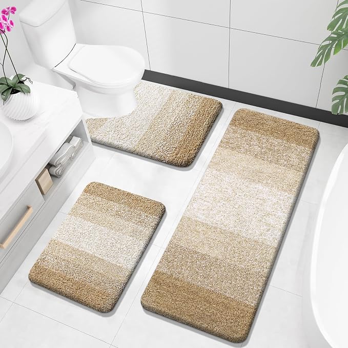 OLANLY Microfiber Bathroom Rugs Sets 3 Piece, 47"x20"+24"x16"+24"x20" | Tan, Soft Absorbent Bath Mats and U-Shaped Contour Toilet Rug, Plush Shaggy Bath Mat Set for Bathroom