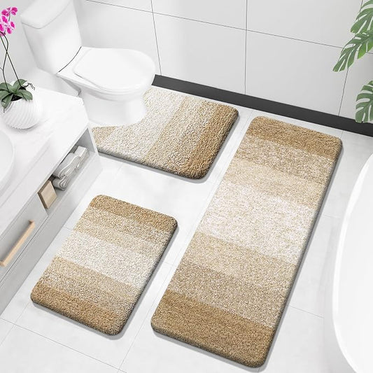 OLANLY Microfiber Bathroom Rugs Sets 3 Piece, 47"x20"+24"x16"+24"x20" | Tan, Soft Absorbent Bath Mats and U-Shaped Contour Toilet Rug, Plush Shaggy Bath Mat Set for Bathroom
