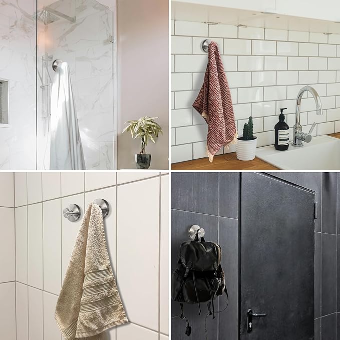 Suction Cup Hooks for Shower - 4 Pack, Gold - Stainless Steel, Strong Suction, No Drill, Removable Hanger, Tile Bathroom Kitchen Wall, Glass Door, Mirror Hook Hanging Robe, Towel Holder