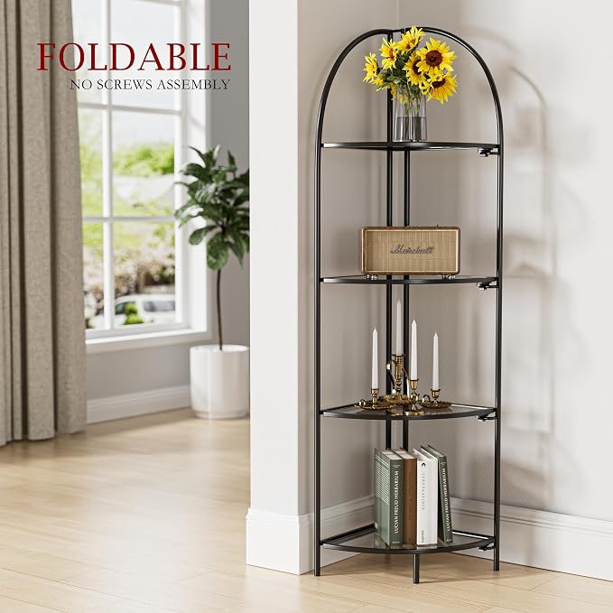 Crofy Foldable 4 Tier Corner Shelf, Metal Corner Plant Stand with Black Frame and Transparent Shelves, Corner Display Rack Multipurpose Shelving Unit for Living Room, Bedroom, Bathroom