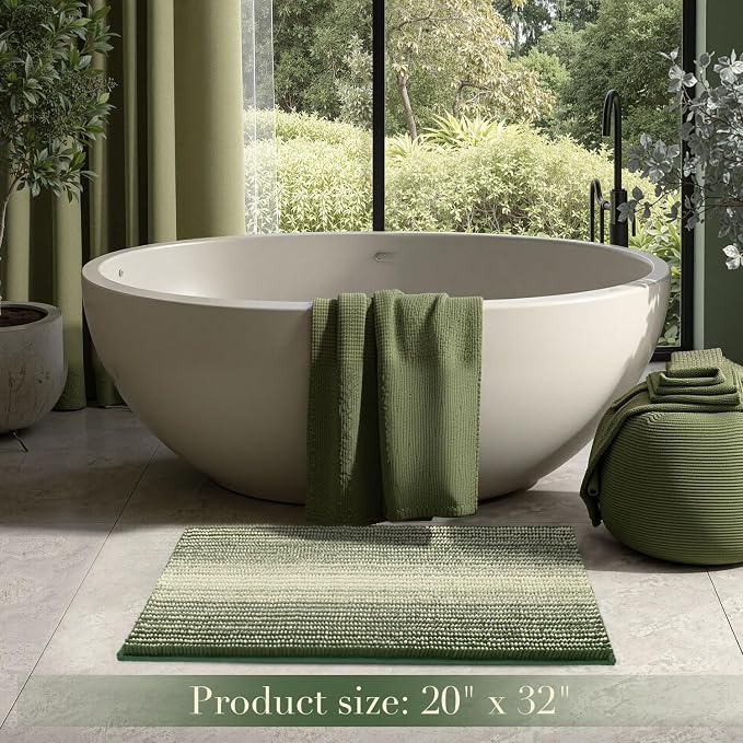 BSICPRO Bathroom Rugs, 20x32 Chenille Bath Mats, Green | Extra Soft Absorbent, Non Slip Striped, Quick Dry Machine Washable, Shower Rug for Bathroom Bedroom Decor