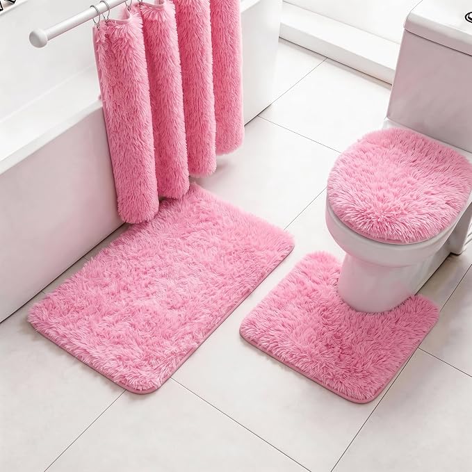Shaggy Bathroom Rugs Sets 3Piece Bath Mat for Bathrom Non-Slip Bathrom Mats Water Absorbent Bath Rug Floor Mats Soft Washable Shower Rug with U-Shaped Contour Rug Toilet Lid Cover Light Pink