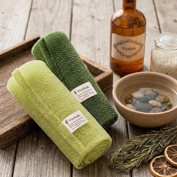 2PCS Exfoliating Washcloth Towel - Exfoliating Body Scrubber Exfoliator, Loofah Sponge Wash Cloth, Korean & Japanse & African Net Sponge Rag - Back Scrubber Washer (Olive Green+Grass Green)