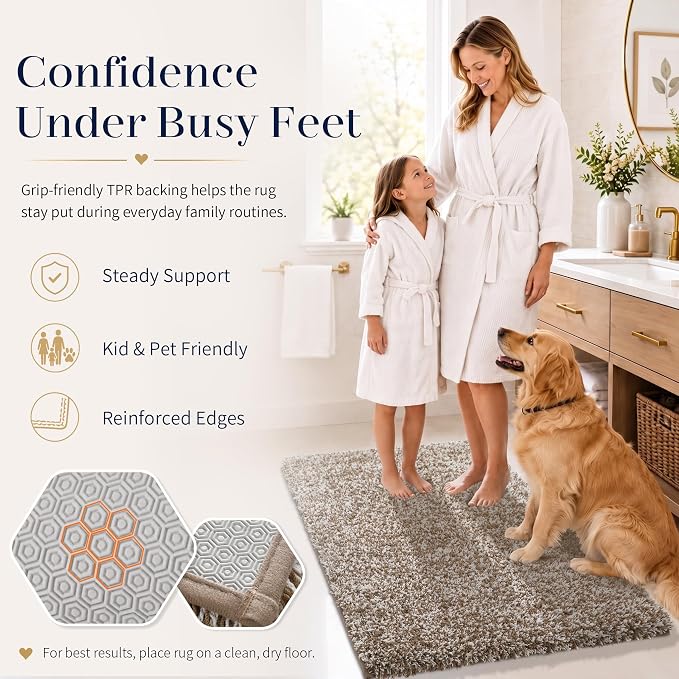 Yimobra Bathroom Rugs Non Slip Washable, Ultra Soft and Water Absorbent Bath Mats, Plush Fluffy Shower Mat Outside, Microfiber Thick Matts for Bathroom Floor/Sink, 24X17, Light Brown and White