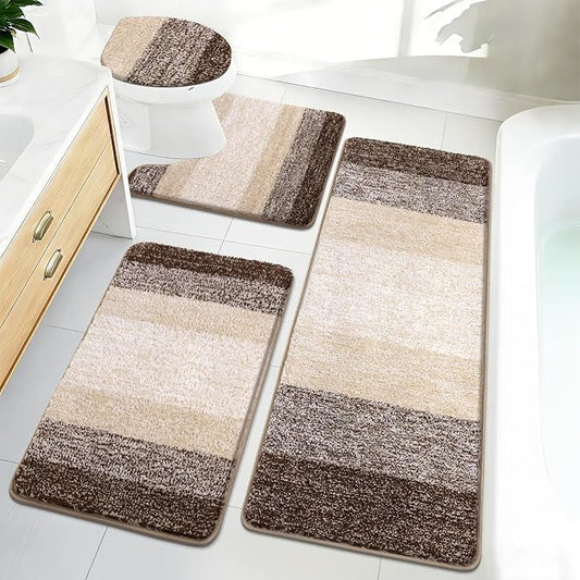 Bsmathom Bathroom Rug Set 4 Piece, Plush Microfiber Bath Mat, Dark Coffee | Extra Water Absorbent, Non Slip Washable Runner Bath Rugs with Toilet Lid Cover and U-shaped Contour Toilet Mat
