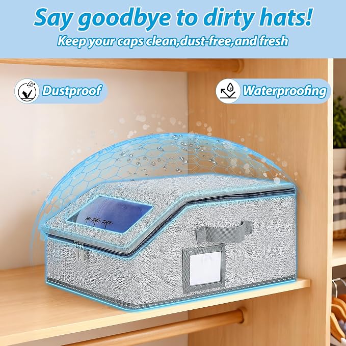 Hat Storage for Baseball Caps,2 PCS Stackable Hat Storage Boxes holds up to 24 Caps Hat Organizer for Closet, Sturdy Snapback Hat Boxes for Women&Men with Clear Window for Closet, Grey