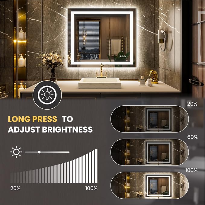 LOAAO 40"X34" LED Bathroom Mirror with Lights, UL Listed | Anti-Fog, Dimmable, 3 Color Temperature, Backlit + Front Lit, Memory Function, Tempered Glass