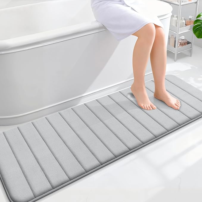 OLANLY Memory Foam Long Bathroom Rugs Runner 59x20, Super Soft Absorbent | Light Gray, Quick Dry Bath Mat, Machine Washable Shower Floor Rugs, Bathmat Carpet for Bathroom Floor, Tub and Shower