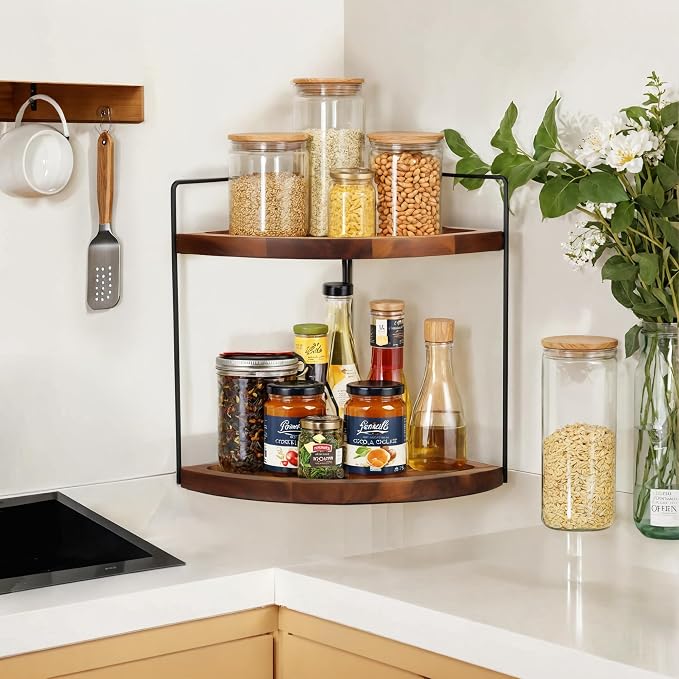 Demigo 2-Tier Corner Bathroom Organizer, Acacia Wood Countertop Shelf | 13.2 x 9.9 in Wooden Corner Shelf for Vanity, Kitchen Counter, Cosmetic & Bathroom Storage, Counter Makeup Organizer