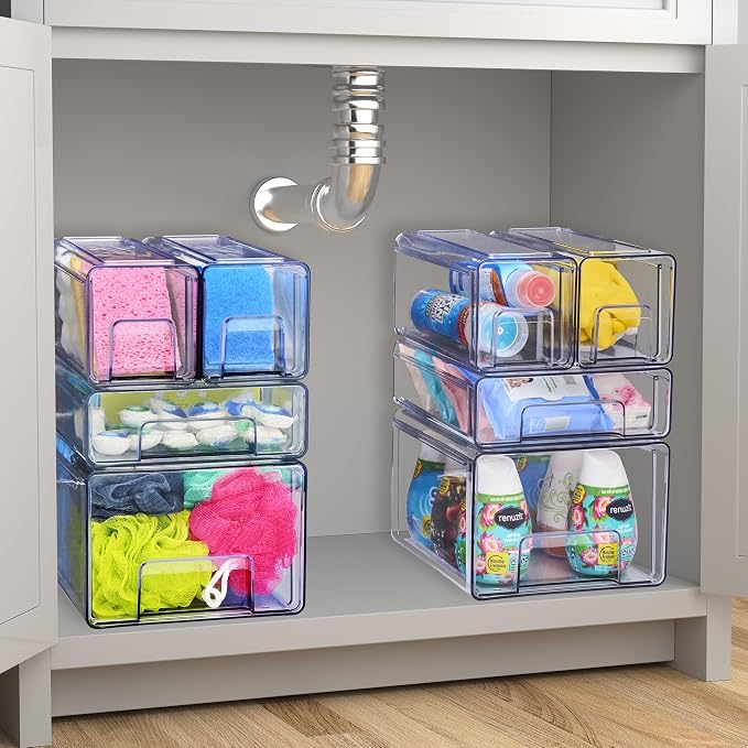 Sorbus 1 Large & 2 Small Clear Stackable Storage Drawers, Plastic Organizer Bins with Handles, Pull-Out Stackable Drawers for Bathroom Closet, Medicine, Cabinet, Pantry Storage, Baby Bottle Organizer