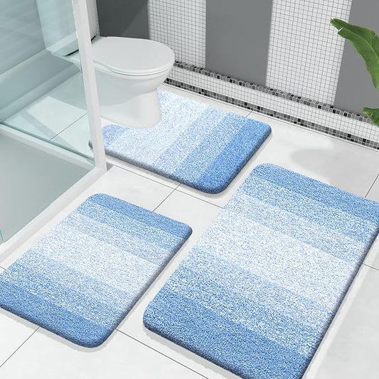 OLANLY Microfiber Bathroom Rugs Sets 3 Piece, 30"x20"+24"x16"+24"x20" | Light Blue, Soft Absorbent Bath Mat and U-Shaped Contour Toilet Rug, Machine Wash Dry, Plush Shaggy Bath Mat Set for Bathroom