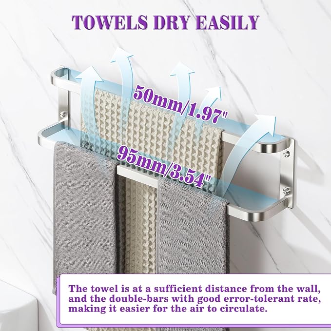 Alise Double Towel Bars for Bathroom,24 in Towel Holder Towel Racks for Bathroom Wall Mount,SUS304 Stainless Steel Double Towel Rail Towel Hanger for Walls,Brushed Nickel