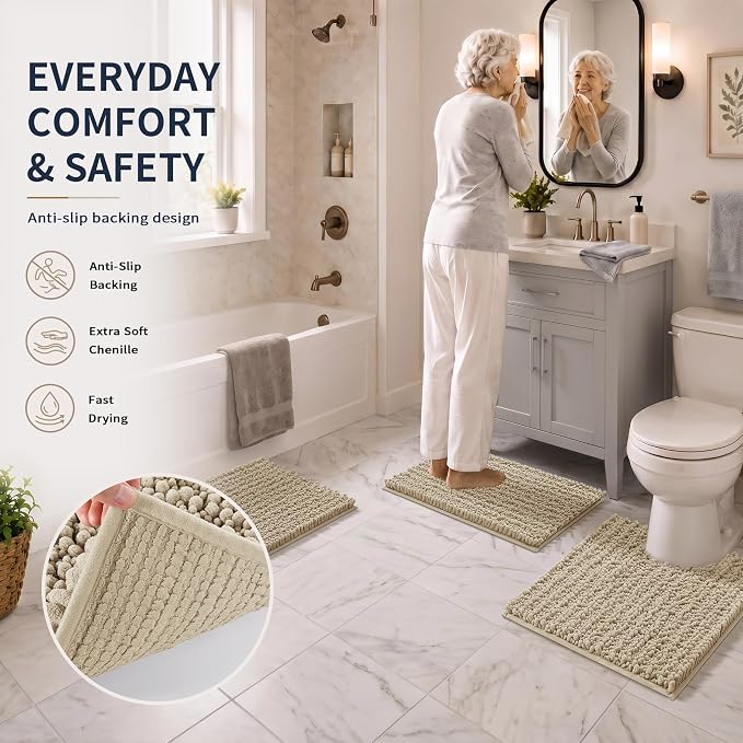 Yimobra Bathroom Rug Set 3 Piece, Super Water Absorbent Bath Mat Set, Camel | Quick Dry Soft Chenille Bath Rugs & Toilet Rug, Non Slip Machine Washable, Extra Thick Shaggy Floor Mat for Shower Tub Sink