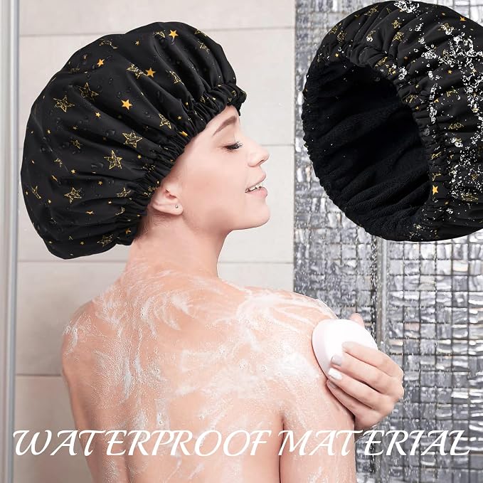 Shower Cap for Women Terry Lined Bath Cap Large Reusable Waterproof Elastic Band Black Star Shower Caps for Long Thick Hair Soft Bath Shower Hair Caps