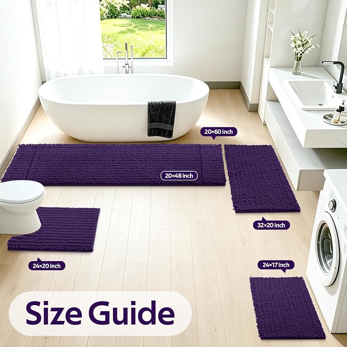 ACCUMTEK Upgrade Luxury 2 Piece Dark Purple Toilet Bathroom Rug Mat 48"x20"+24"x17", Ultra Soft Thick Absorbent Bath Mats, Non Slip Chenille Toilet Mat for Bathroom, Bedroom, Kitchen, Shower, Tub