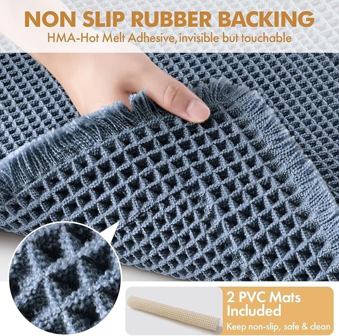 MIULEE Set of 2 Waffle Bathroom Rugs Bordered Bath Mat Blue 17"x24"+18"x30" | Non Slip, Super Absorbent, Washable, Ultra Soft, Rubber Backed Bath Rugs for Bathroom Floor Tub and Shower, Boho Decor