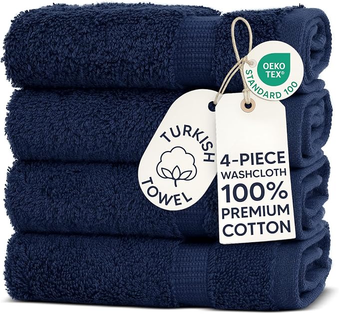 Chakir Turkish Linens | Hotel & Spa Quality 100% Cotton Premium Turkish Towels | Soft & Absorbent (4-Piece Washcloths, Navy) | 100% cotton washcloths, 4-pack 13x13, OEKO-TEX certified, soft absorbent face towels