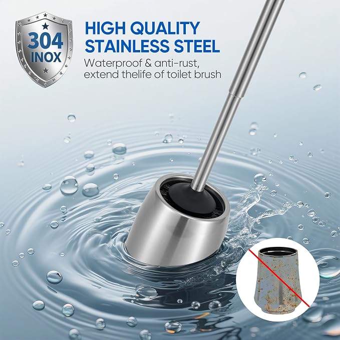 SUS304 Stainless Steel Toilet Brush and Holder Set Stain Nickle 12In Handle BristlesToilet Bowl Brush Cepillo para Baños Bathroom Brushes Cleaning Brush with Case Anti-Rust Brushed Silver