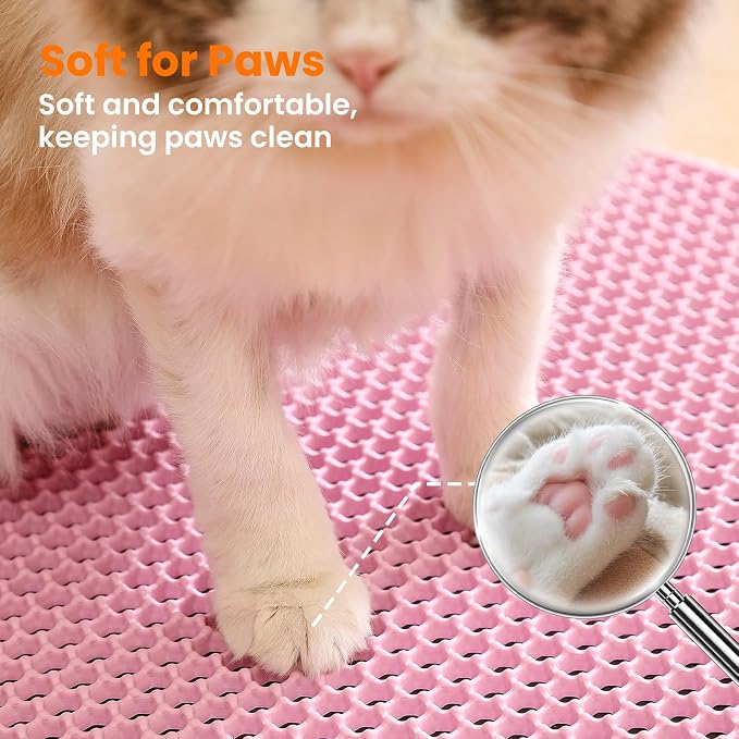 Small Cat Litter Mat, Double Layer Honeycomb Litter Box Mat | 20x14”, Reduces Litter Tracking, Waterproof, Non-Slip, Soft on Paws, Scratch Resistant, Easy to Clean, Pink