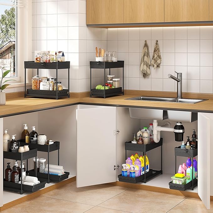 Sevenblue 4 Pack Under Sink Organizer, Bathroom Organizers and Storage, 2 Tier Multi-Use Pull Out Cabinet Organizer with Hang Hooks and Cups (Black, 4 Pack) | Multi-use kitchen & bathroom storage. Includes hanging hooks and cups. Black, space-saving ca...