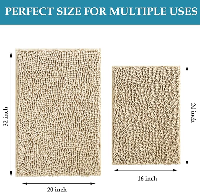 RUN HELIX Beige Bathroom Rug Mat Set, Extra Thick and Absorbent Bath Rugs, Non-Slip, Chenille Soft Plush Shaggy, Washable, for Bathroom, Bedroom, 24x16+20x32 Inch