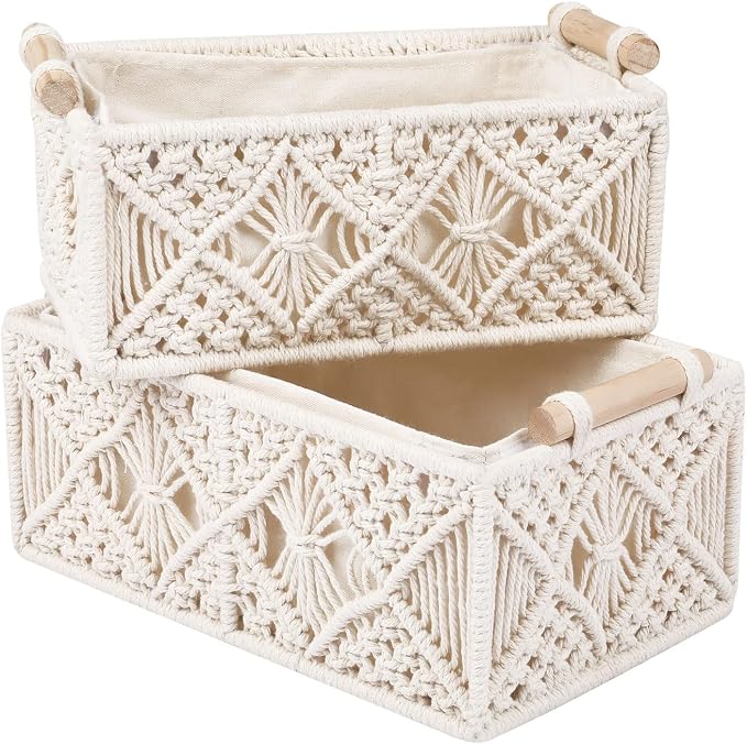 ANMINY 5PCS Macrame Storage Baskets for Organizing Boho Decor Baskets Storage Bins with Wood Handles Handmade Decorative Storage Boxes with Removable Liner Toilet Tank Bathroom Self Basket Organizer