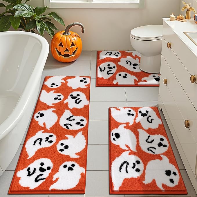 Pauwer Halloween Bathroom Rugs Sets 3 Piece, Fall Bath Mats, Orange Ghost | Spooky, Microfiber, U-Shaped Contour Toilet Rug, Soft Plush Absorbent, Quick Dry, Non Slip Washable Bath Mat Set