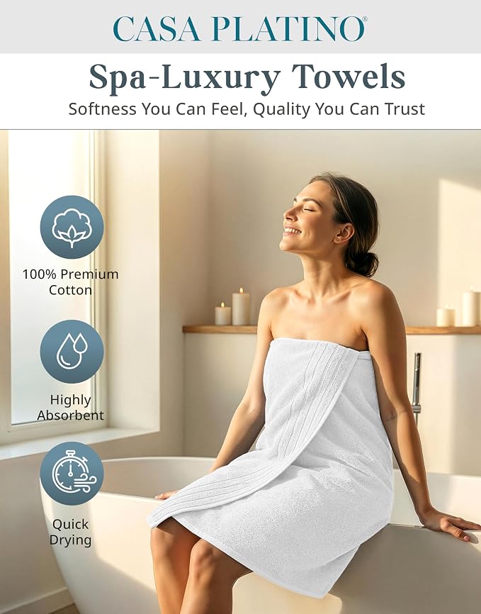 Casa Platino Large Bath Towel Set Absorbent Quick Dry 100% Cotton - White | Cotton Towels - Fade-Resistant Color, Classic Terry Weave, Densely Woven, Coordinated Colors, Dobby Border Accent