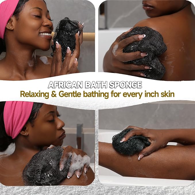 Authentic African Net Sponge, 2 Pack 45-Inch Exfoliating Bath Sponge and Shower Loofah for Body and Back, Colorfast Quick-Dry Knotted Mesh Scrubber with Travel Pouch (Black & Grey)