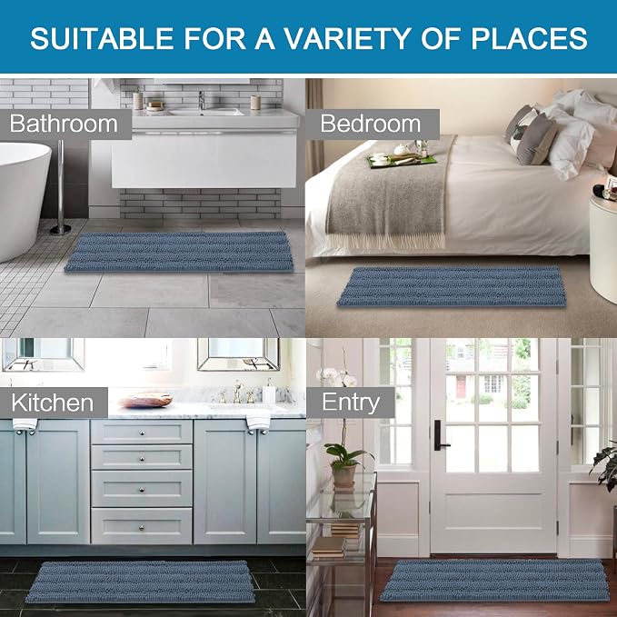 H.VERSAILTEX Bath Rugs for Bathroom Non Slip Bath Mats Thick Chenille Striped Bath Rug Runners 59" x 20" Absorbent Fluffy Soft Shaggy Mats Dry Fast Plush Area Carpet for Bath Room - Blue Indigo