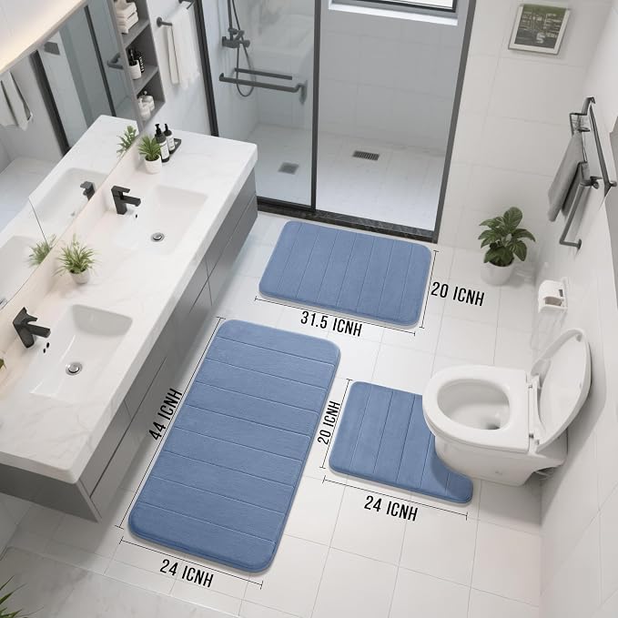 Yimobra 3 Pieces Memory Foam Bath Mat Set with U-Shaped Toilet Rug - Non Slip Super Soft Absorbent Quick Dry Bathroom Rugs for Bathtub, Vanity & Toilet Base, Denim Blue