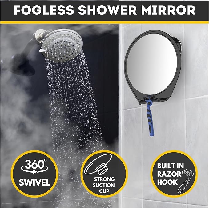HONEYBULL Fogless Shower Mirror for Shaving with Suction Mount, Black | Shatterproof Acrylic Bathroom Accessory With 360 Swivel & Built-in Razor Hook, Clear Reflection in Steam & No-Drill Setup