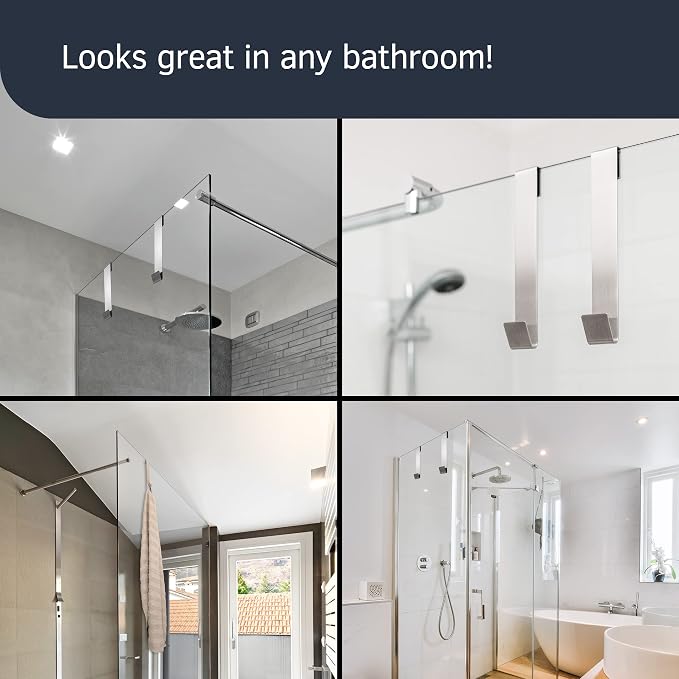 8" Shower Hooks, Silver, 2 Pack - Shower Towel & Door Hook for Frameless Glass Door (3/8" / 10mm)